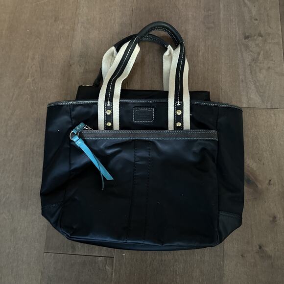 Coach M05K-130 Hampton Tote Purse Black Turquoise 13x10" - Lining Stains - Picture 1 of 4